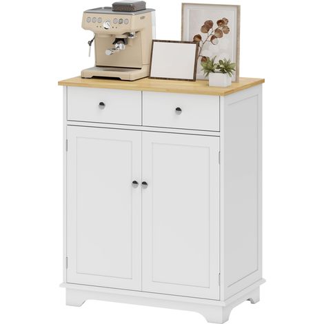 Meuble de rangement buffet salon avec placards à portes, 2 tiroirs et étagère réglable, armoire de rangement pour salon, cuisine, chambre, blanc et bois naturel