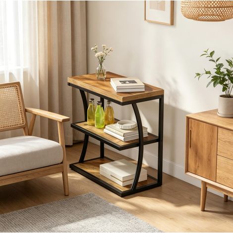 Table d’appoint à 3 niveaux, meuble de canapé ou table de chevet en MDF et métal noir, plateau bois brun, rangement ouvert, pieds réglables, charge 15 kg par niveau – CHICFURN (1/5)