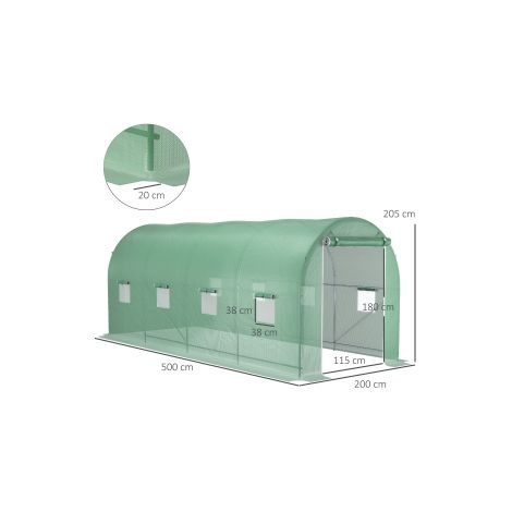 Serre tunnel verte en film plastique 500 x 200 x 210 cm avec fenêtre et aération pour jardin, potager et culture de plantes (1/5)