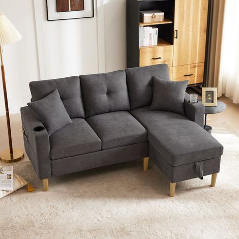 Canapé 3 places en Coton et lin, L, avec rangement, porte-gobelet intégré et 2 coussins, Idéal pour les salons ou bureaux, Gris foncé (1/5)
