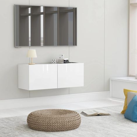 Meuble TV 2 Tiroirs : 80 X 30 X 30 Couleur Blanc Brillant. A suspendre au mur (1/5)