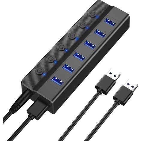 Hub USB 3.0 à 6 ports, répartiteur USB pour ordinateur portable avec interrupteurs marche/arrêt et témoin lumineux individuels, câble de 90 cm, prolo (1/5)