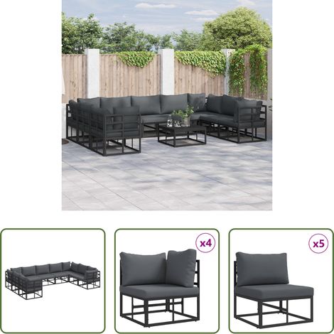 vidaXL Aluminiumsofa - Gartensofa-set mit Kissen 9 pcs Schwarz Aluminium (1/5)