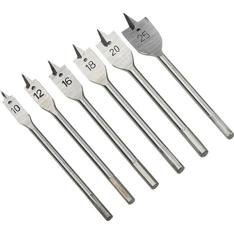 Set of 6 Flat Drill Bits for Wood 10, 12, 16, 18, 20 and 25 mm, 6 Pieces Wood Drill Bits, Professional Flat Wood Drill Set, Flat Wood Drill Bits, Craftsman Tools 10/12/16/18/20/ 25 For Woodworking (1/5)