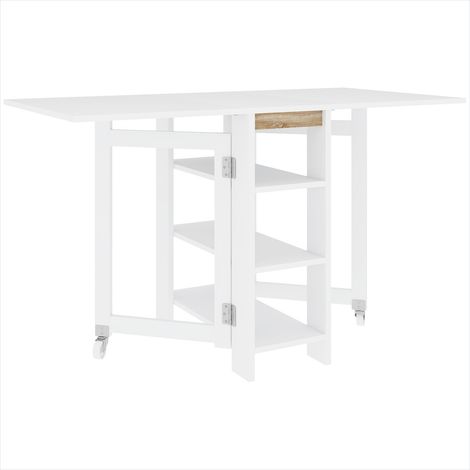 Table de salle à manger escamotable blanche avec étagères 120 cm (1/5)