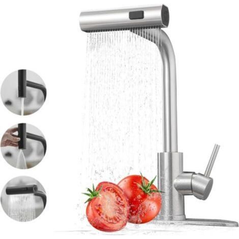 Robinet de Cuisine Cascade, Rotatif à 360° Mitigeur Cuisine avec Douchette, à Haute Pression avec Levier Unique et 3 Modes de Pulvérisation, Acier Inoxydable