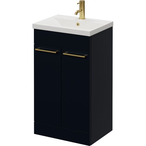 Napoli 390 Deep Blue 500mm 2 Door Vanity Unit with Glide Basin - 500mm - Brushed Brass 160mm Handle