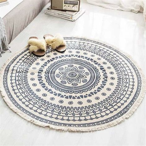 Tapis rond Mandala - En coton - Style bohème - Diamètre : 92 cm-Ensoleillé (1/5)