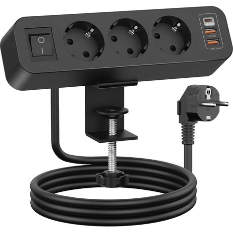 Prise de Table avec USB C, Prise Multiple 3 USB à 3 Voies avec Interrupteur, Multiprise de Bureau avec Câble 2M pour Bureau à Domicile. Noir (1/5)