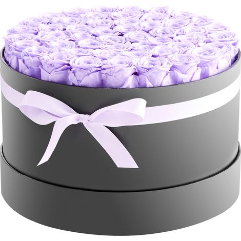 Mophorn Caja redonda con 50 rosas preservadas, ramo ideal como regalo para esposa, madre, pareja, bodas, Día de la Madre, San Valentín y Navidad, color lavanda violeta, dimensiones 279 x 279 x 165 mm (1/5)