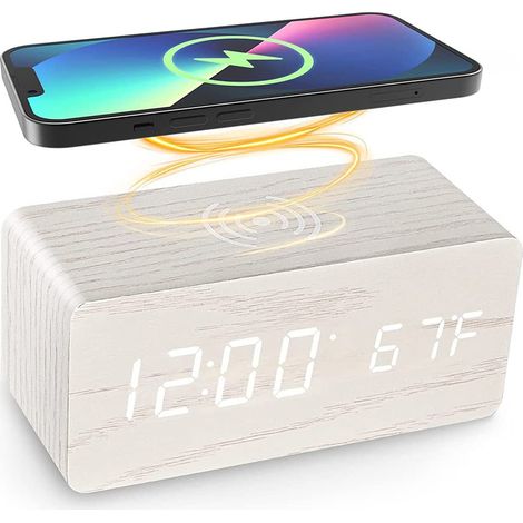 Radio-réveil de chevet sans fil avec écran LED à intensité variable – Sans tic-tac, alimentation secteur, double réveil avec chargeur USB (1/5)