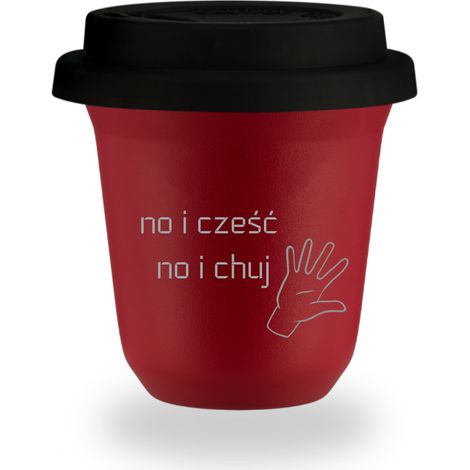 240 ml ROTER Becher mit der Aufschrift „Hi, hello und fck“ und schwarzem Deckel