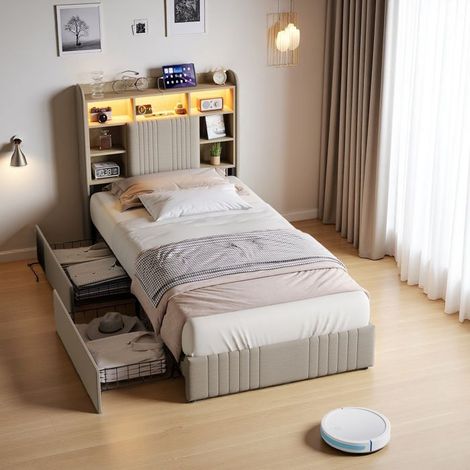 Bett 90x200 cm mit 2 Schubladen und LED-Beleuchtung, Einzelbett 90x200 cm, Lattenrost, Stauraum, Leinenstoff, Beige (1/5)