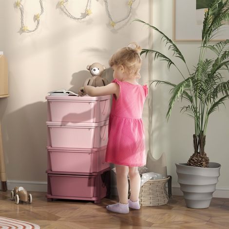 Boîte de rangement enfant 4 tiroirs rose bords arrondis design surélevé 37x37x76 cm