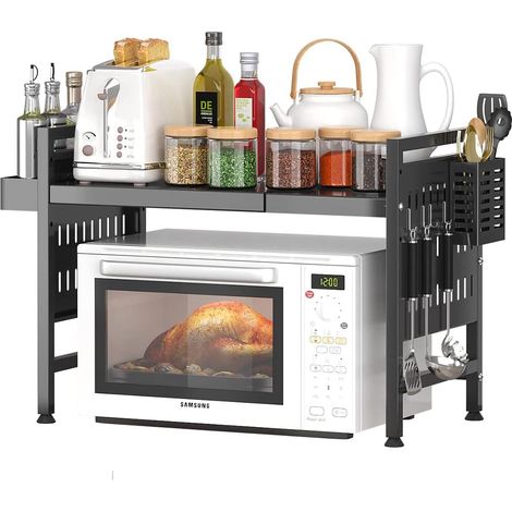 Étagère extensible porte-micro-ondes en acier avec étagère, étagère organisateur avec porte-épices et porte-couverts de cuisine, meuble avec pieds antidérapants (1/5)