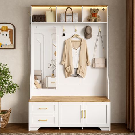 Ingresso con specchio e seduta, illuminazione LED, ganci e 2 cassetti, vani portaoggetti, bianco (1/5)
