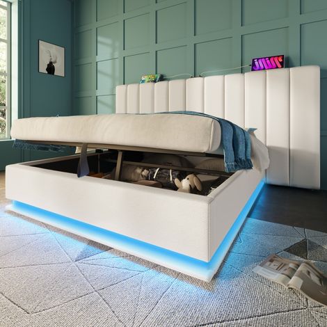 Cama matrimonial acolchada 160 x 200 con control LED por app y carga USB-C, en PU, blanco, sin cabecera (1/5)