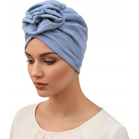 Turbante clásico Mussa Rose de muselina de algodón azul claro, cómodo y con estilo. (1/5)