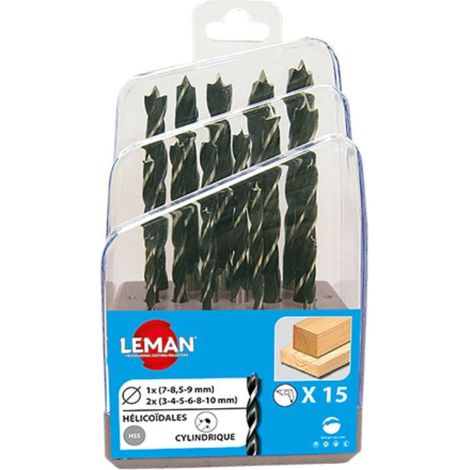 Leman – Coffret de 15 forets hélicoïdaux pour bois dur – Acier – Pointe de centrage et 2 traceurs – Pour perçage précis