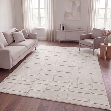 Shaggy Tapis Chambre Haut Poil Bohème Scandi Abstrait Unis Lavable Geometrique, Crème 9, 200x280 cm (1/5)