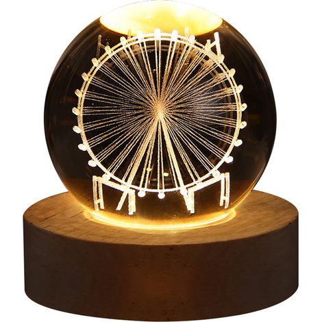 Globe lumineux en cristal gravé en 3D, boule lumineuse de nuit, lampe d'ambiance romantique avec Base en bois (1/5)
