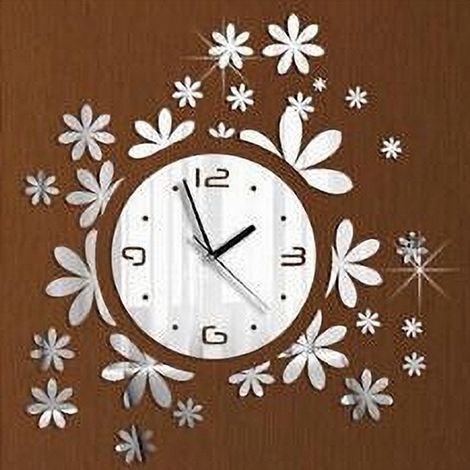 MaxTech - Orologio Da Parete Moderno Adesivo 3d Con Fiori Erba A Muro Effetto Specchio - (1/2)