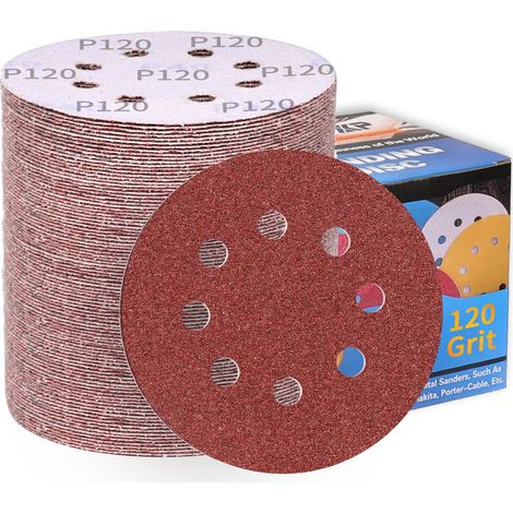 Disques abrasifs 125 mm Papier abrasif grain 120 8 trous, revêtement abrasif antiadhésif pour ponceuse orbitale aléatoire excentrique (100 pièces) (1/5)