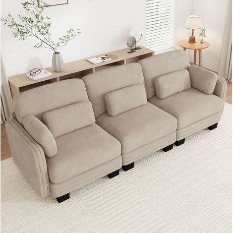 MODFU – Divano diritto modulabile 3 posti 253x88x88 cm in ciniglia con schiuma 28D, molle insacchettate, cuscini lombari e carico 450 kg – Caffè chiaro (1/5)