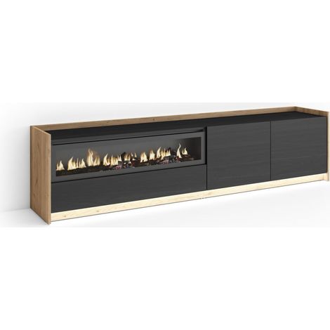 Skraut Home - Mueble TV, Televisión, Muebles de salón, almacenaje, 207x37x50cm, Para TV hasta 80", Chimenea eléctrica, LED, Estilo Moderno, Negro y roble (1/5)