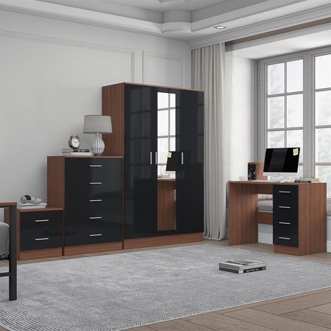 Reflect 3 Door Mirror Wardrobe, 5 Drawer Chest, 2 Drawer Bedside & Desk - Black Gloss & Walnut - Modern Bedroom Furniture Set (1/5)