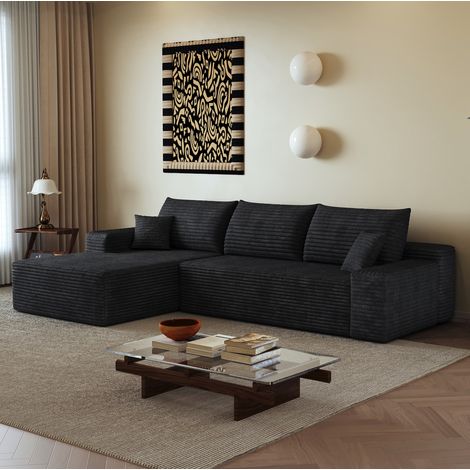 Canapé d'angle modulaire 270 cm avec chaise longue, sans montage, noir HAVRYA (1/5)
