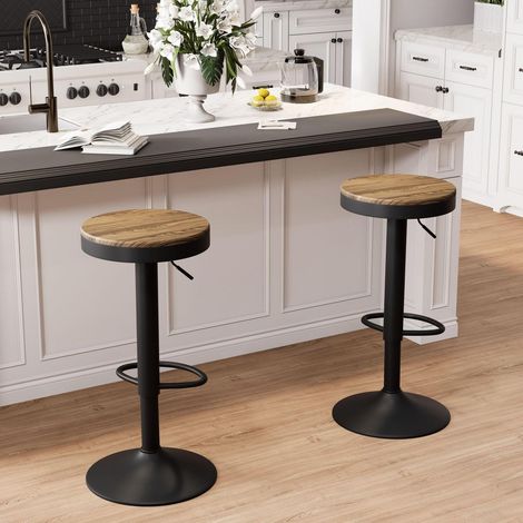 Barhocker 2er Set Schwarz Holz, Höhenverstellbar, Schwenkbar, mit Fußstütze (1/5)