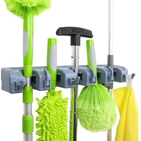 Rectangulaire Support mural pour balais et outils de jardin, cuisine abri de jardin et garage 6 crochets et 5 emplacements gris (1/4)
