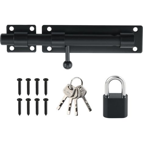 Verrou de porte avec cadenas, acier inoxydable, noir, 180mm, verrouillable