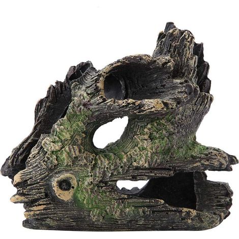 Décoration originale pour aquarium : tronc d'arbre décoratif avec trou pour poissons, aquarium creux, imitation bois mort, en résine, 15 x 7 x 14 cm, vert et gris, 1 pièce (1/5)