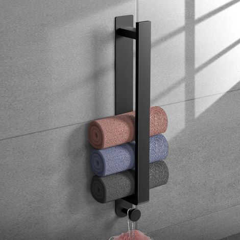 Porte-serviettes sans perçage avec crochet, barre porte-serviettes autocollante noire mate de 40 cm, accessoire de salle de bain décoratif, porte-serviettes d'invités, porte-serviettes de salle de bai (1/5)