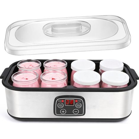 Electric Yogurt Maker, with 8 Glass Jars with Lid 180 ml, Adjustable Thermostat and Digital Display and Timer, Ideal for Family and Homemade Yogurts (1/5)
