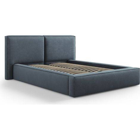 Lit coffre + tête de lit double 140x200 en tissu structurel bleu (1/4)
