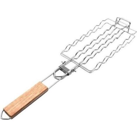 Hot-Dog-Korb aus Metallgewebe mit sicherem Verriegelungsmechanismus und komfortablem Holzgriff für Grillzwecke (1/5)