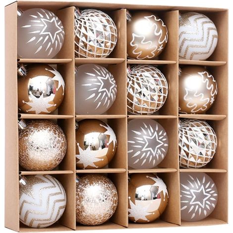 16 Pièces 6 cm Or Champagne et Blanc Boules de Noël Décorations Sapin Suspensions Ornements Guirlandes pour Arbre de Noël (A) (1/5)