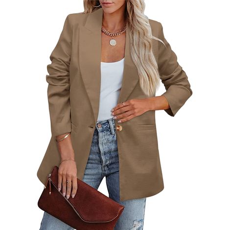 Veste de tailleur femme à manches longues, couleur unie, style décontracté, en polyester doux, idéale pour le travail et les activités de plein air, kaki, taille XL. (1/5)