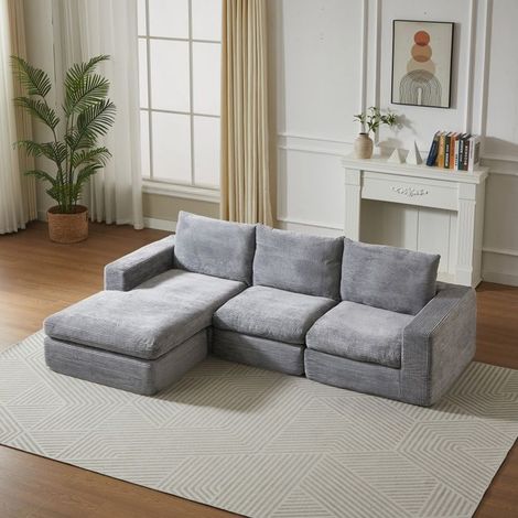 Canapé d'angle en L, en velours côtelé, avec méridienne, 3 coussins, livré monté, gris clair
