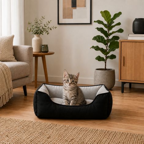 belviona Katzenbett, wendbares Katzenkörbchen mit 2-in-1 Funktion, weich gepolstert & pflegeleicht, 60x50 cm, schwarz/grau (1/5)