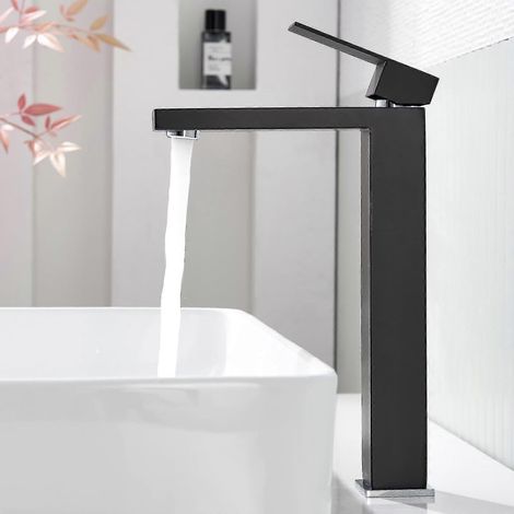 Robinet de lavabo extra haut noir, mitigeur monocommande en acier inoxydable pour lavabo surélevé (1/5)