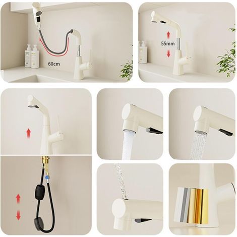 Grifos de lavabo con rociador extraíble, latón, agua caliente y fría, grifo de lavabo giratorio retráctil para baño - Blanco (1/4)