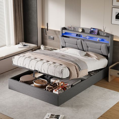 Lit coffre 140 x 200 CM,lit double avec sommier,LED,multiprise,ête de lit capitonnée avec Rangement,lit 140 x 200,lin gris (1/5)