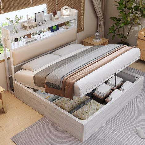 Lit coffre métal, bois et tissu blanc 180x200 cm avec rangement hydraulique, tête de lit avec USB et étagère (1/5)