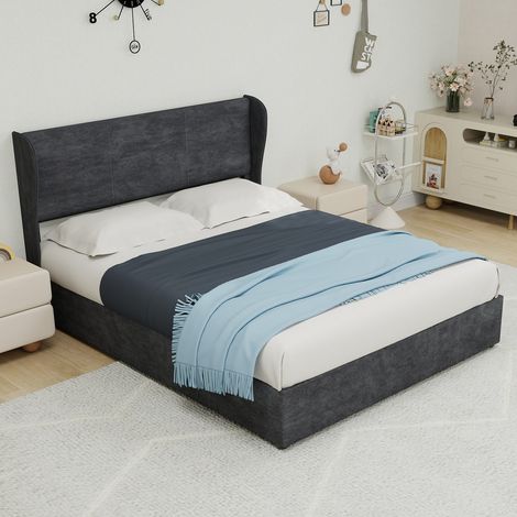 Lit 140x200 cm gris tête capitonnée moelleuse coffre relevage gaz sans matelas (1/5)