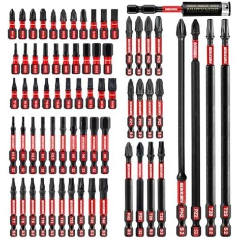 Pair Coffret de 68 embouts de tournevis à percussion (PH, TX, PZ, SL, hexagonal), tige hexagonale 1/4\" en acier allié S2, embouts de 25/50/75/150 mm avec 1 porte-embout magnétique de 75 mm (1/5)