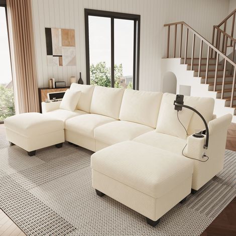 Conjunto de salón en forma de U con función de cama, sofá modular de pana, sofá esquinero con soporte para teléfono y puerto de carga USB, ideal para salón, dormitorio y apartamento, color beige.
